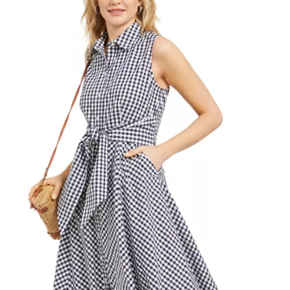 Charter Club Gingham Print Shirtless Dress, Navy & White, Size PM, Pockets